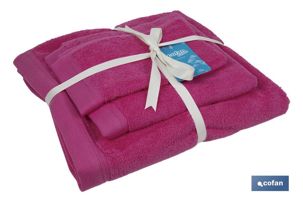 Conjunto de 3 toalhas de cor fúcisa 580 g/m2 | Gama Primavera | Conjunto de toalhas 100% algodão - Cofan