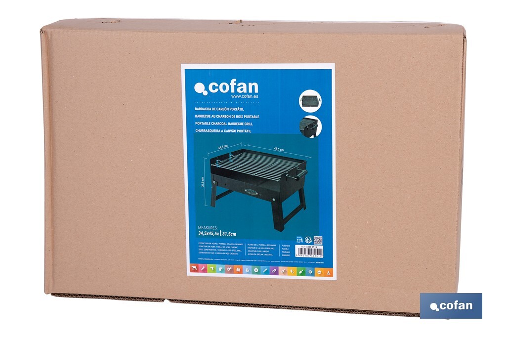 Barbacoa de carbón portátil plegable | Con parrilla cromada | Asas laterales | Compacta y fácil de transportar | Medidas: 45,5 x 34,5 x 31,5 cm - Cofan