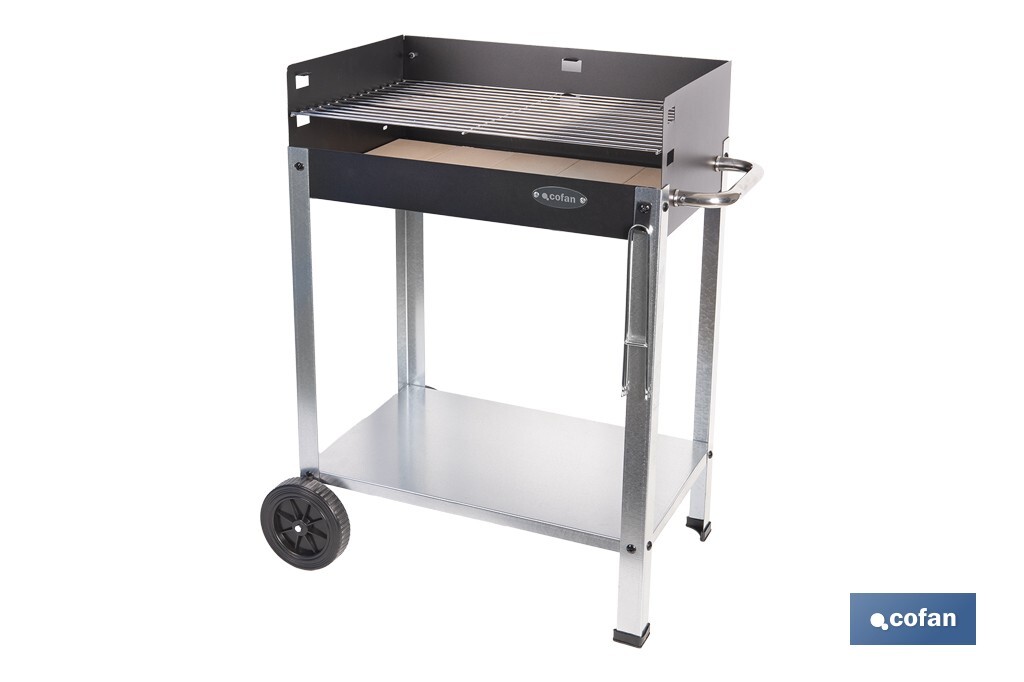 Barbacoa de carbón con ruedas | Parrilla regulable | Ladrillo refractario | Fácil de transportar y estable | Medidas: 56,7 x 36 x 83 cm - Cofan