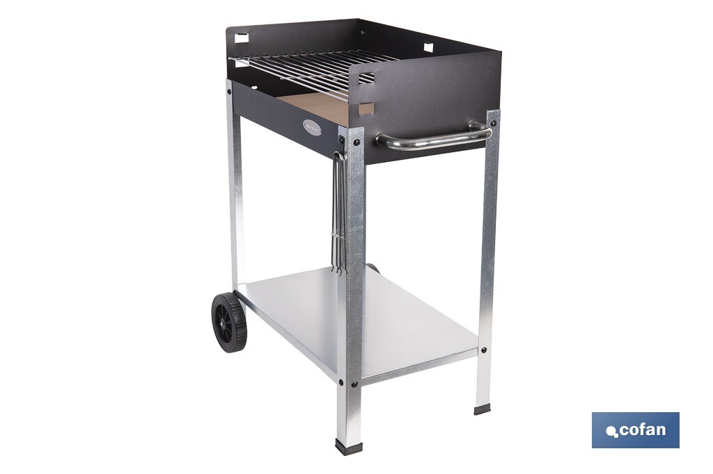 Barbacoa de carbón con ruedas | Parrilla regulable | Ladrillo refractario | Fácil de transportar y estable | Medidas: 56,7 x 36 x 83 cm - Cofan