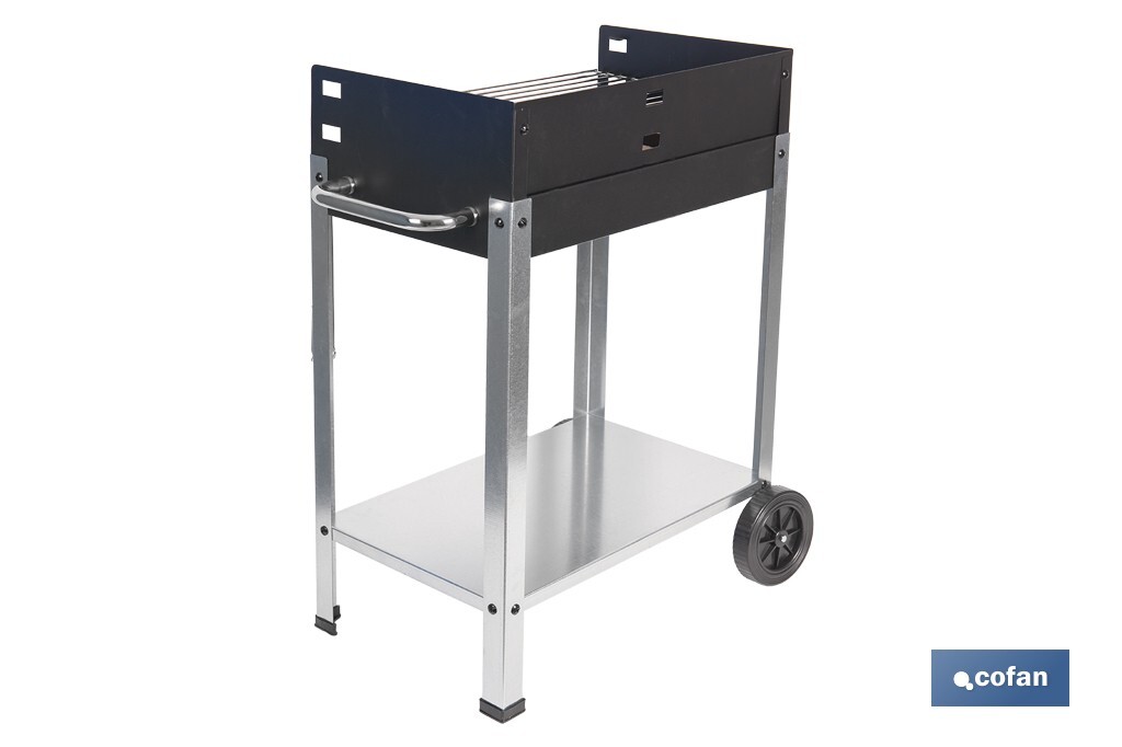 Barbacoa de carbón con ruedas | Parrilla regulable | Ladrillo refractario | Fácil de transportar y estable | Medidas: 56,7 x 36 x 83 cm - Cofan