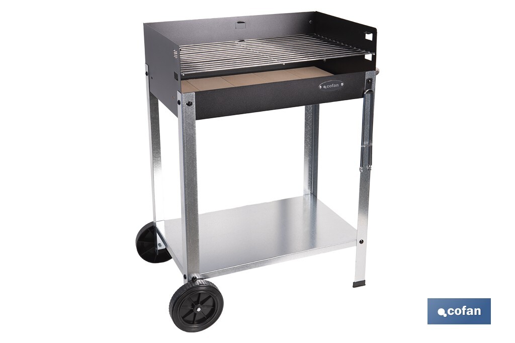 Barbacoa de carbón con ruedas | Parrilla regulable | Ladrillo refractario | Fácil de transportar y estable | Medidas: 56,7 x 36 x 83 cm - Cofan