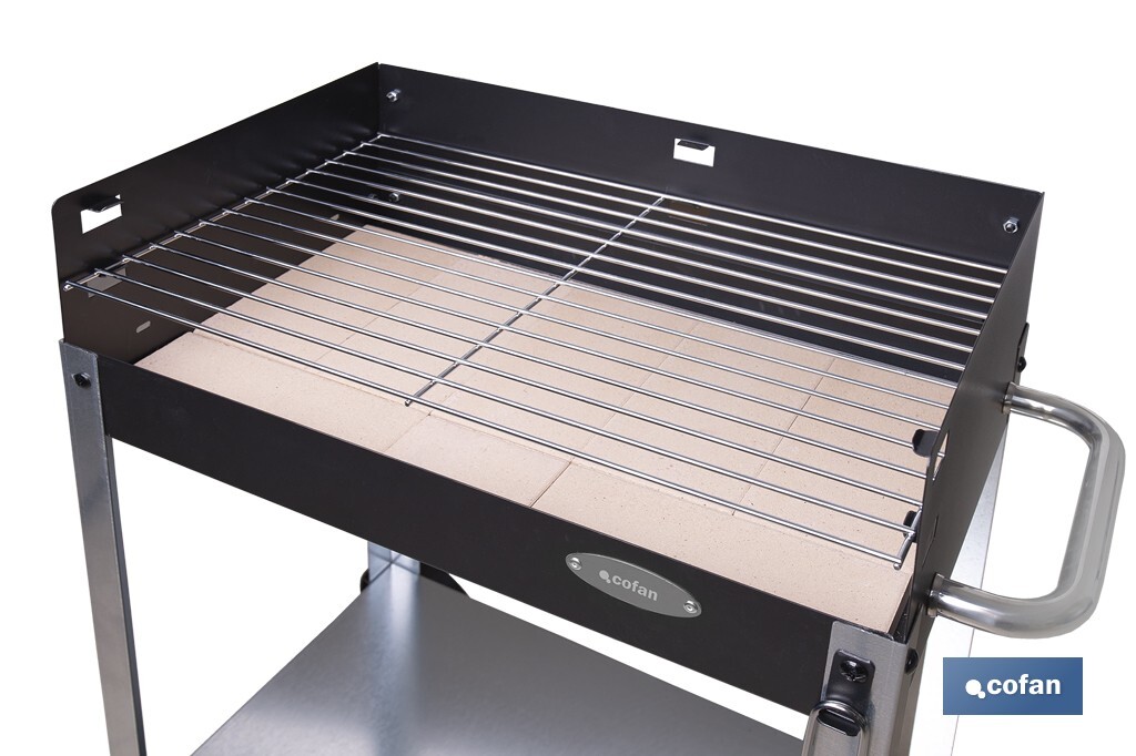 Barbacoa de carbón con ruedas | Parrilla regulable | Ladrillo refractario | Fácil de transportar y estable | Medidas: 56,7 x 36 x 83 cm - Cofan