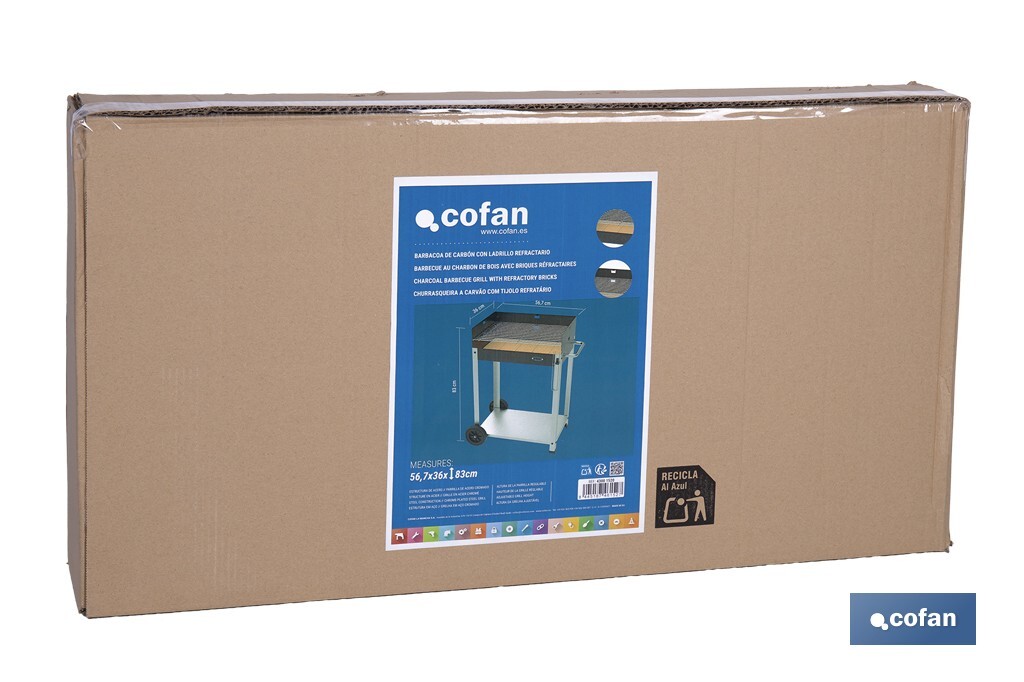 Barbacoa de carbón con ruedas | Parrilla regulable | Ladrillo refractario | Fácil de transportar y estable | Medidas: 56,7 x 36 x 83 cm - Cofan