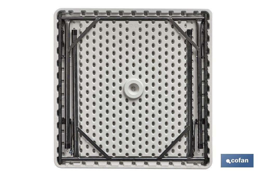 Mesa quadrada dobrável de cor branca | Peso máximo: 120 kg | Adequada para 6 pessoas | Dimensões aberta: 88 x 88 x 74 cm  - Cofan