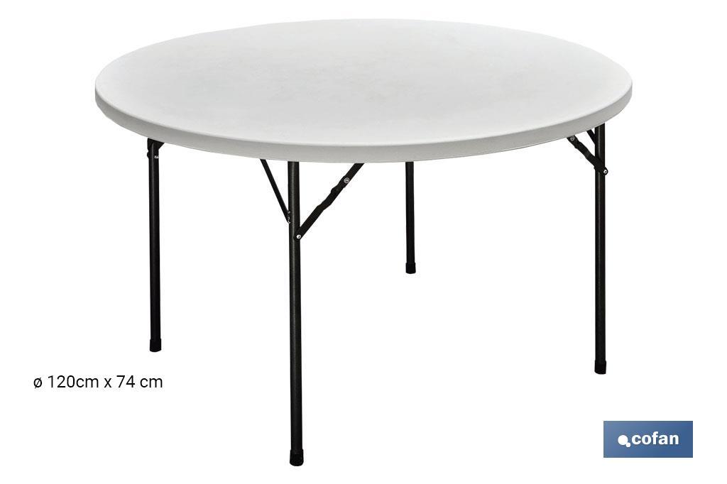 Mesa plegable redonda de color blanco | Peso máximo: 150 kg | Adecuado para 8 personas | Medidas abierta: Ø 120 x 74 cm - Cofan