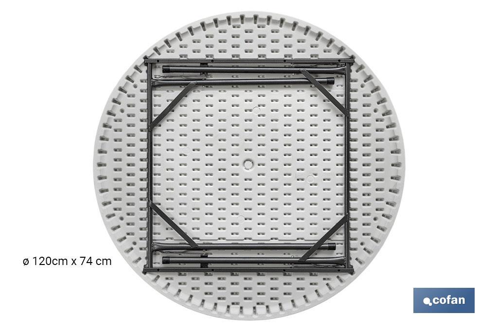 White folding round table | Maximum weight: 150kg | Suitable for 8 people | Open dimensions: Ø120 x 74cm  - Cofan