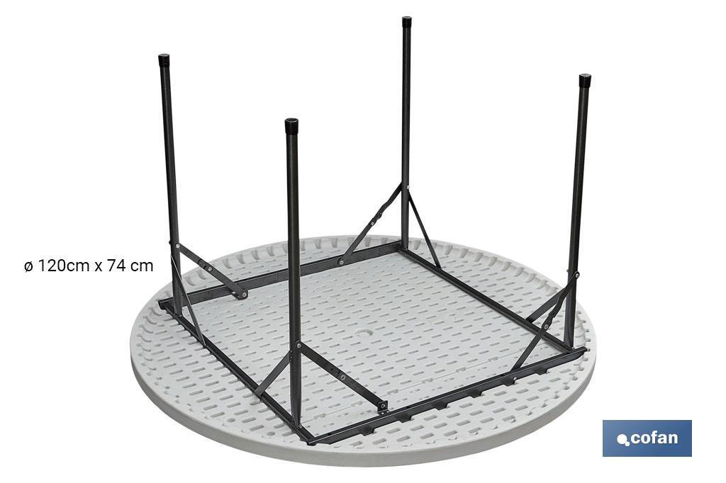 White folding round table | Maximum weight: 150kg | Suitable for 8 people | Open dimensions: Ø120 x 74cm  - Cofan