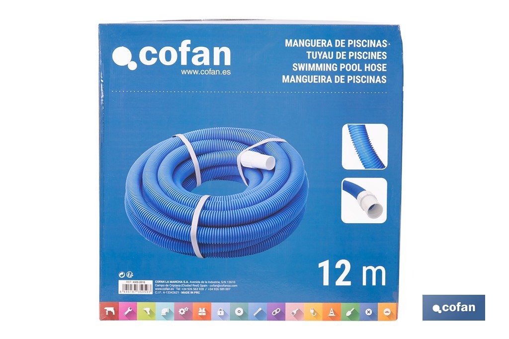 Tuyau de piscine flottant bleu | Avec un diamètre de Ø 3,8 cm et 12 mètres | Avec 2 terminaux - Cofan