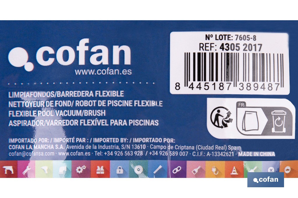 Nettoyeur de fond Flexible pour piscines avec 8 roues | Dimensions de 33 x 18 cm et poignée de Ø 2,8 cm - Cofan