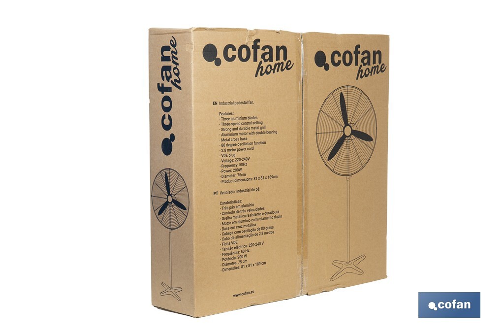 Ventilador industrial de pie con 3 velocidades en color negro | Potencia: 200 W | Gran caudal de aire | Oscilación 80° | Medidas: 81 x 81 x 189 cm - Cofan
