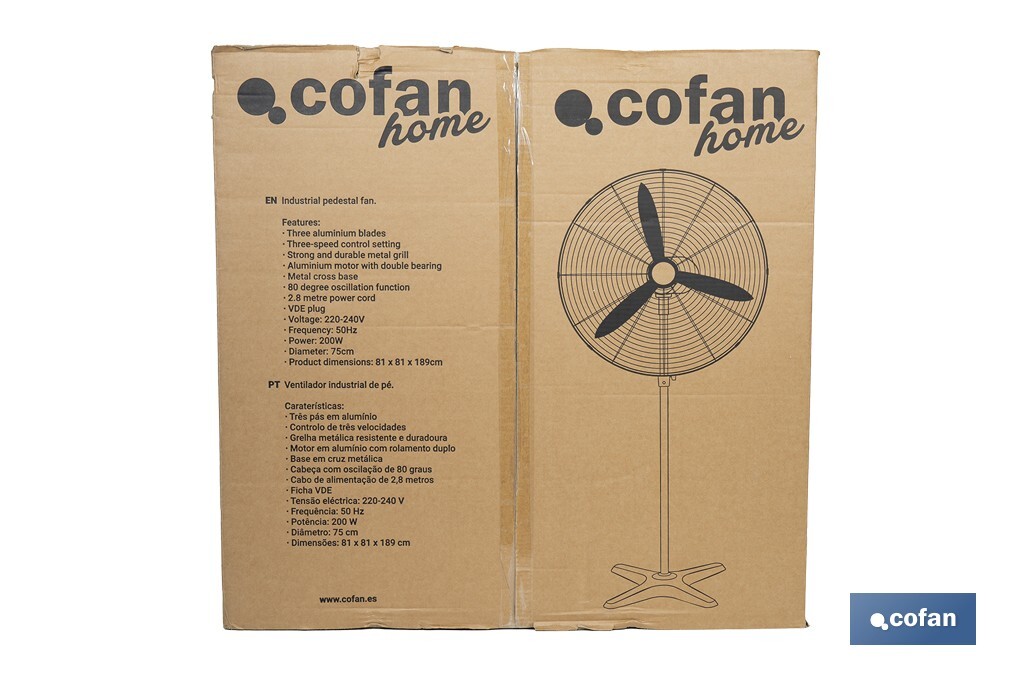 Ventilador industrial de pie con 3 velocidades en color negro | Potencia: 200 W | Gran caudal de aire | Oscilación 80° | Medidas: 81 x 81 x 189 cm - Cofan
