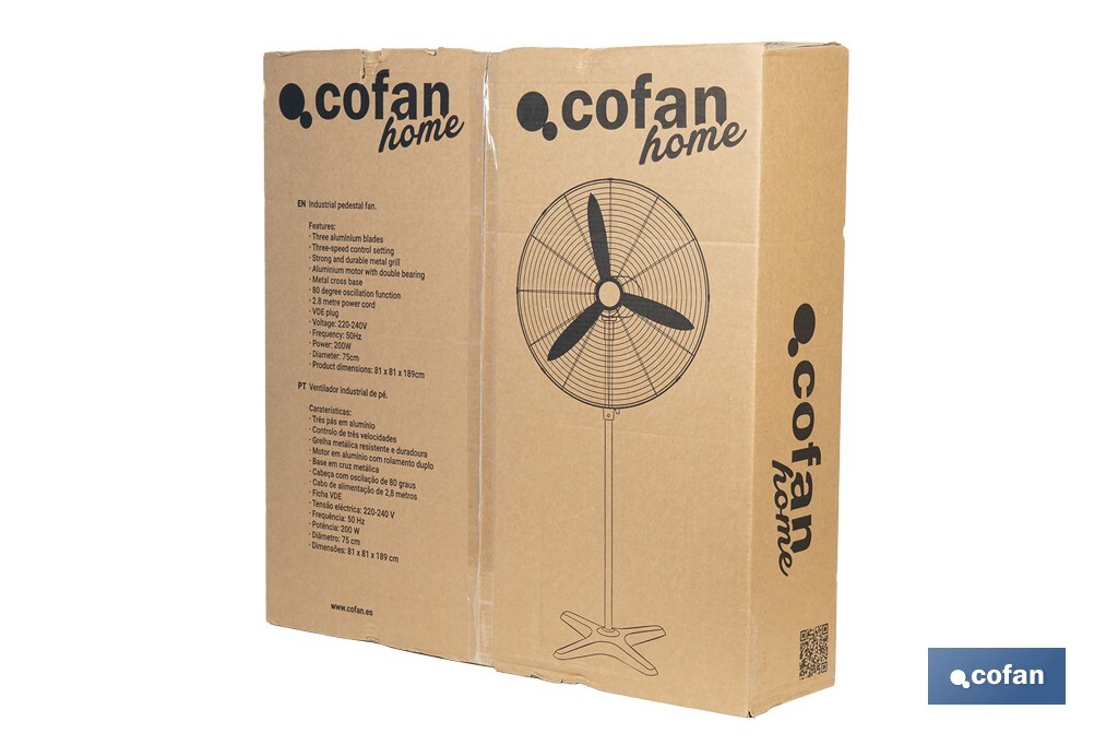 Ventilador industrial de pie con 3 velocidades en color negro | Potencia: 200 W | Gran caudal de aire | Oscilación 80° | Medidas: 81 x 81 x 189 cm - Cofan