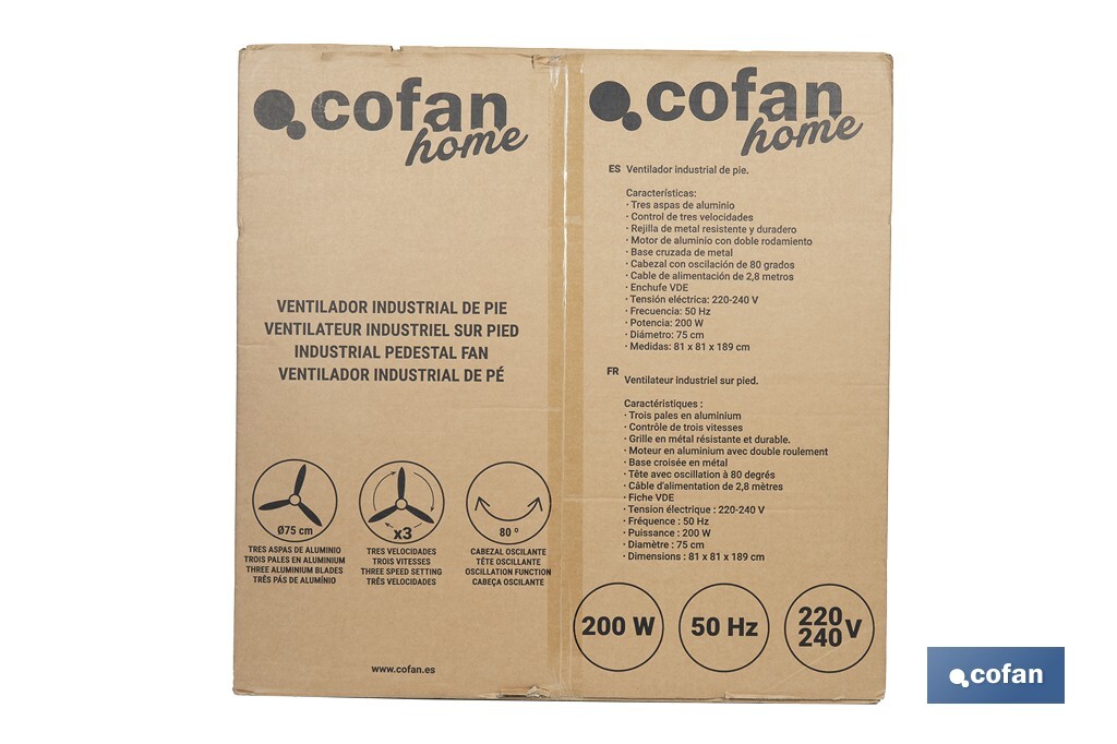 Ventilador industrial de pie con 3 velocidades en color negro | Potencia: 200 W | Gran caudal de aire | Oscilación 80° | Medidas: 81 x 81 x 189 cm - Cofan