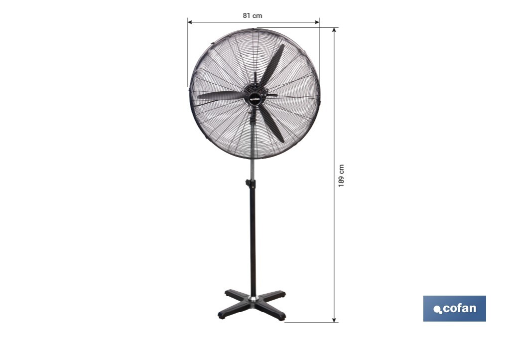 Ventilador industrial de pie con 3 velocidades en color negro | Potencia: 200 W | Gran caudal de aire | Oscilación 80° | Medidas: 81 x 81 x 189 cm - Cofan