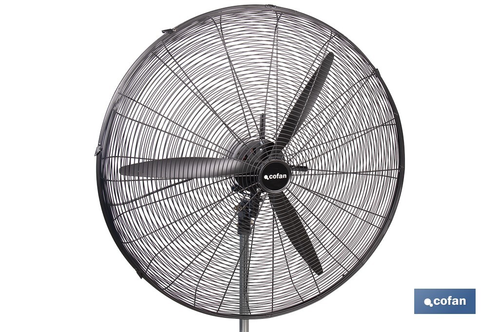 Ventilador industrial de pie con 3 velocidades en color negro | Potencia: 200 W | Gran caudal de aire | Oscilación 80° | Medidas: 81 x 81 x 189 cm - Cofan