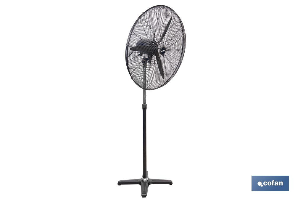Ventilador industrial de pie con 3 velocidades en color negro | Potencia: 200 W | Gran caudal de aire | Oscilación 80° | Medidas: 81 x 81 x 189 cm - Cofan