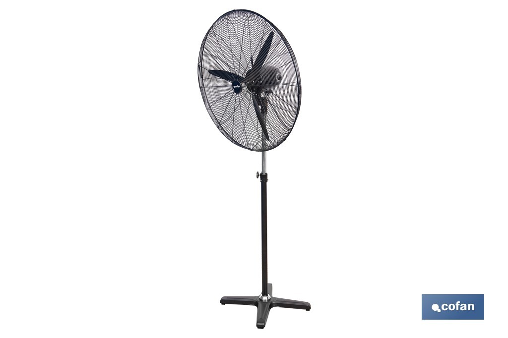 Ventilador industrial de pie con 3 velocidades en color negro | Potencia: 200 W | Gran caudal de aire | Oscilación 80° | Medidas: 81 x 81 x 189 cm - Cofan
