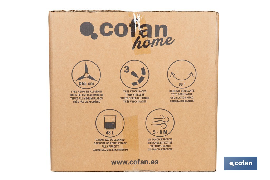 Ventilador industrial de pie con nebulizador | Depósito de 48 litros, 3 velocidades | Oscilación 90° y 3 aspas de aluminio - Cofan
