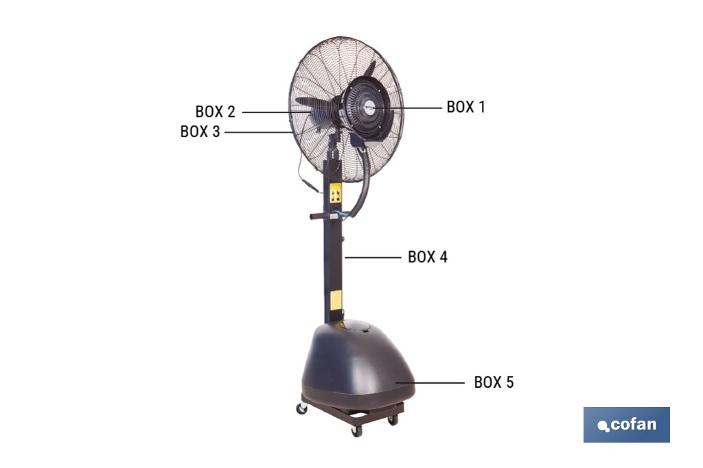 Ventilador industrial de pie con nebulizador | Depósito de 48 litros, 3 velocidades | Oscilación 90° y 3 aspas de aluminio - Cofan