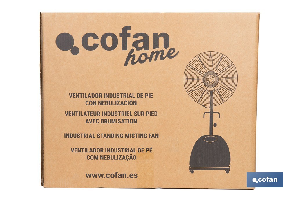 Ventilador industrial de pie con nebulizador | Depósito de 48 litros, 3 velocidades | Oscilación 90° y 3 aspas de aluminio - Cofan