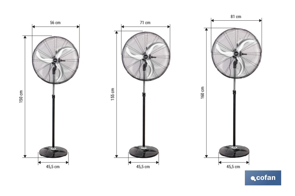 Ventilador de pie industrial con 3 velocidades | 3 aspas de aluminio, función de oscilación | Disponible en diferentes medidas y potencias - Cofan