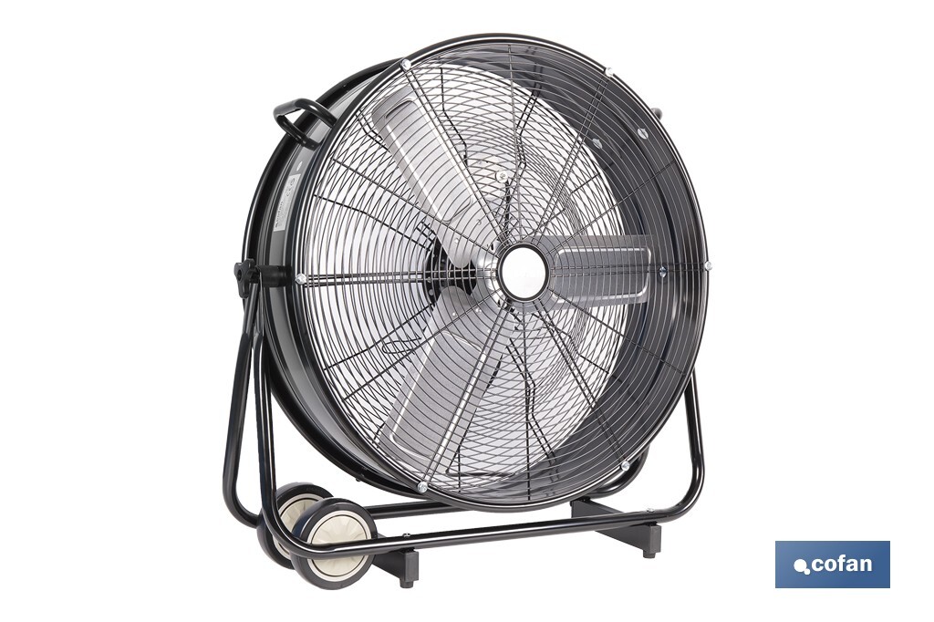 Ventilador industrial de suelo con 3 velocidades | Potencia: 250 W | Color: negro | Ángulo ajustable | Con ruedas y asa metálica | Medidas: 75 x 26 x 76 cm - Cofan
