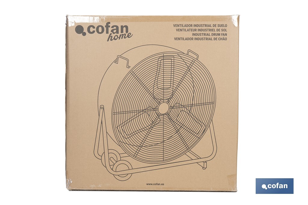 Ventilador industrial de suelo con 3 velocidades | Potencia: 250 W | Color: negro | Ángulo ajustable | Con ruedas y asa metálica | Medidas: 75 x 26 x 76 cm - Cofan