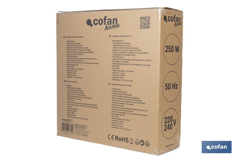 Ventilador industrial de suelo con 3 velocidades | Potencia: 250 W | Color: negro | Ángulo ajustable | Con ruedas y asa metálica | Medidas: 75 x 26 x 76 cm - Cofan