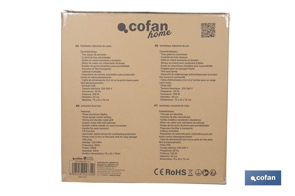 Ventilador industrial de suelo con 3 velocidades | Potencia: 250 W | Color: negro | Ángulo ajustable | Con ruedas y asa metálica | Medidas: 75 x 26 x 76 cm - Cofan