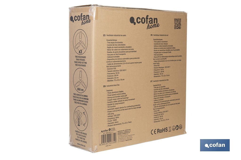 Ventilador industrial de suelo con 3 velocidades | Potencia: 250 W | Color: negro | Ángulo ajustable | Con ruedas y asa metálica | Medidas: 75 x 26 x 76 cm - Cofan