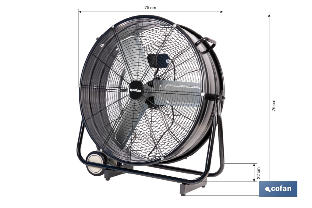 Ventilador industrial de suelo con 3 velocidades | Potencia: 250 W | Color: negro | Ángulo ajustable | Con ruedas y asa metálica | Medidas: 75 x 26 x 76 cm - Cofan