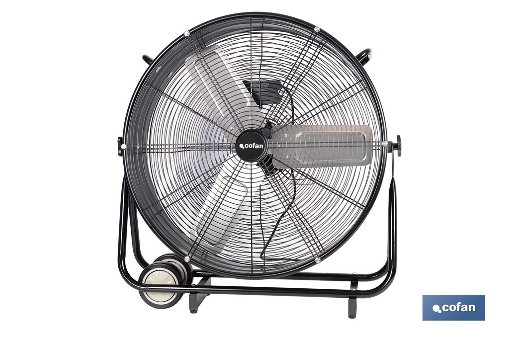 Ventilador industrial de suelo con 3 velocidades | Potencia: 250 W | Color: negro | Ángulo ajustable | Con ruedas y asa metálica | Medidas: 75 x 26 x 76 cm - Cofan