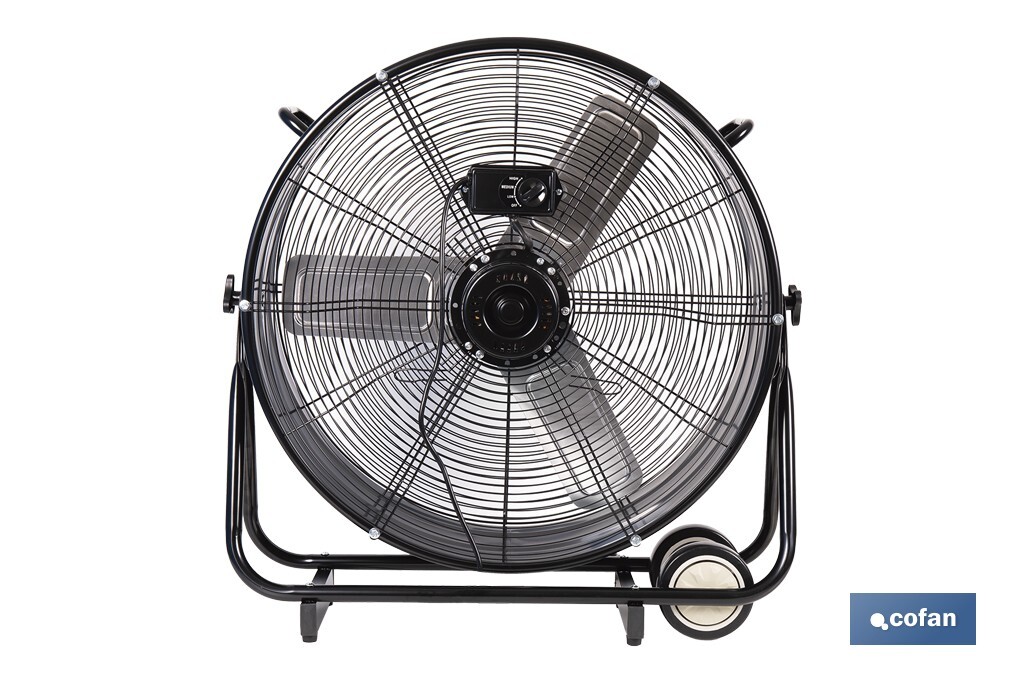 Ventilador industrial de suelo con 3 velocidades | Potencia: 250 W | Color: negro | Ángulo ajustable | Con ruedas y asa metálica | Medidas: 75 x 26 x 76 cm - Cofan