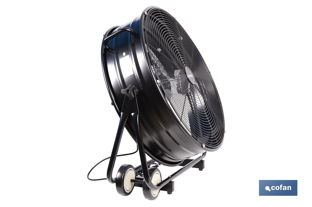 Ventilador industrial de suelo con 3 velocidades | Potencia: 250 W | Color: negro | Ángulo ajustable | Con ruedas y asa metálica | Medidas: 75 x 26 x 76 cm - Cofan