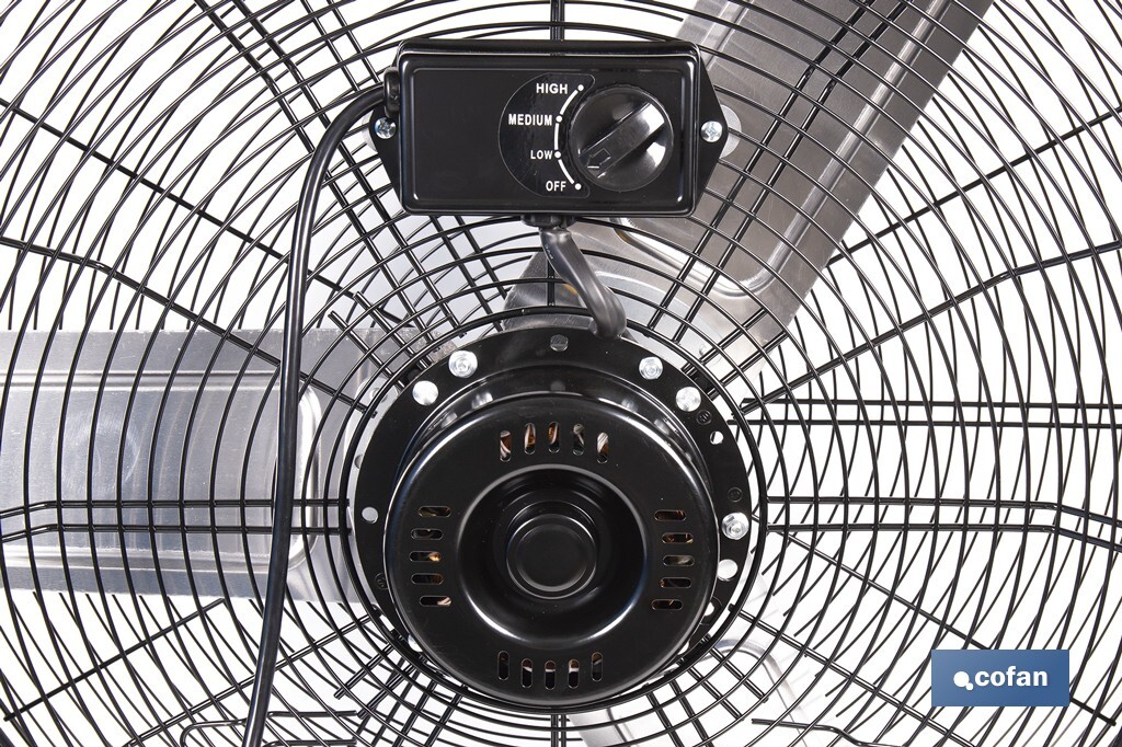 Ventilador industrial de suelo con 3 velocidades | Potencia: 250 W | Color: negro | Ángulo ajustable | Con ruedas y asa metálica | Medidas: 75 x 26 x 76 cm - Cofan