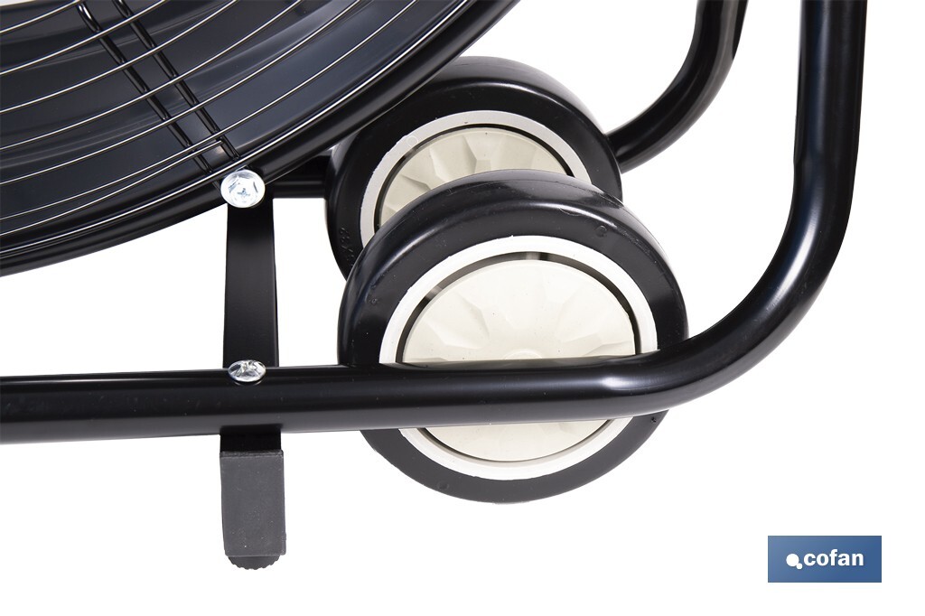 Ventilador industrial de suelo con 3 velocidades | Potencia: 250 W | Color: negro | Ángulo ajustable | Con ruedas y asa metálica | Medidas: 75 x 26 x 76 cm - Cofan