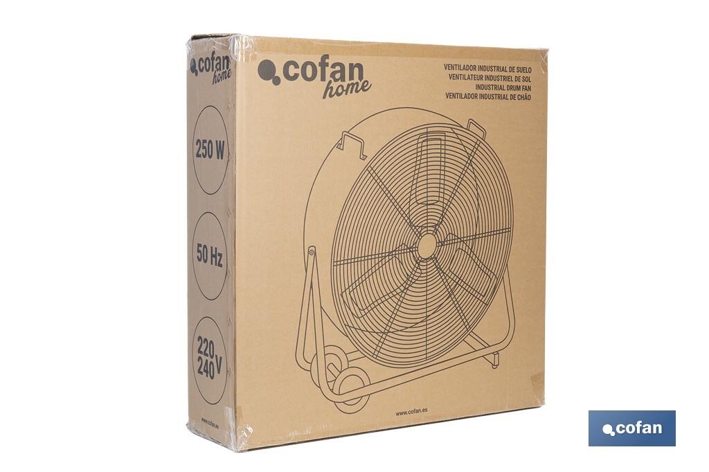 Ventilador industrial de suelo con 3 velocidades | Potencia: 250 W | Color: negro | Ángulo ajustable | Con ruedas y asa metálica | Medidas: 75 x 26 x 76 cm - Cofan
