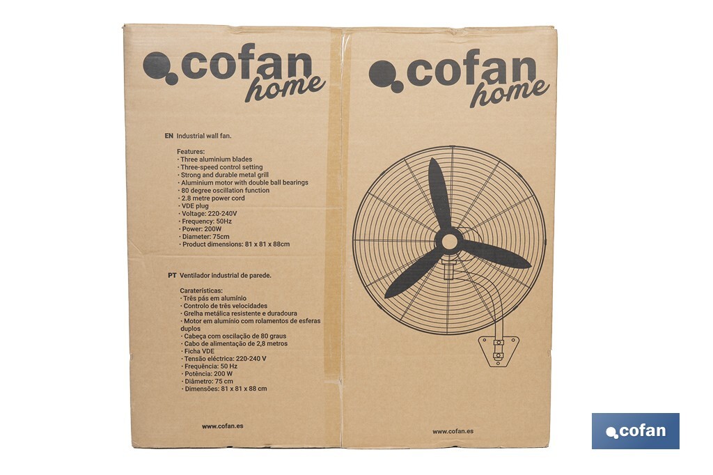 Ventilador industrial de pared con 3 velocidades | Potencia: 200 W | Color: negro | Oscilación 80° | Fácil instalación | Medidas: 81 x 81 x 88 cm - Cofan