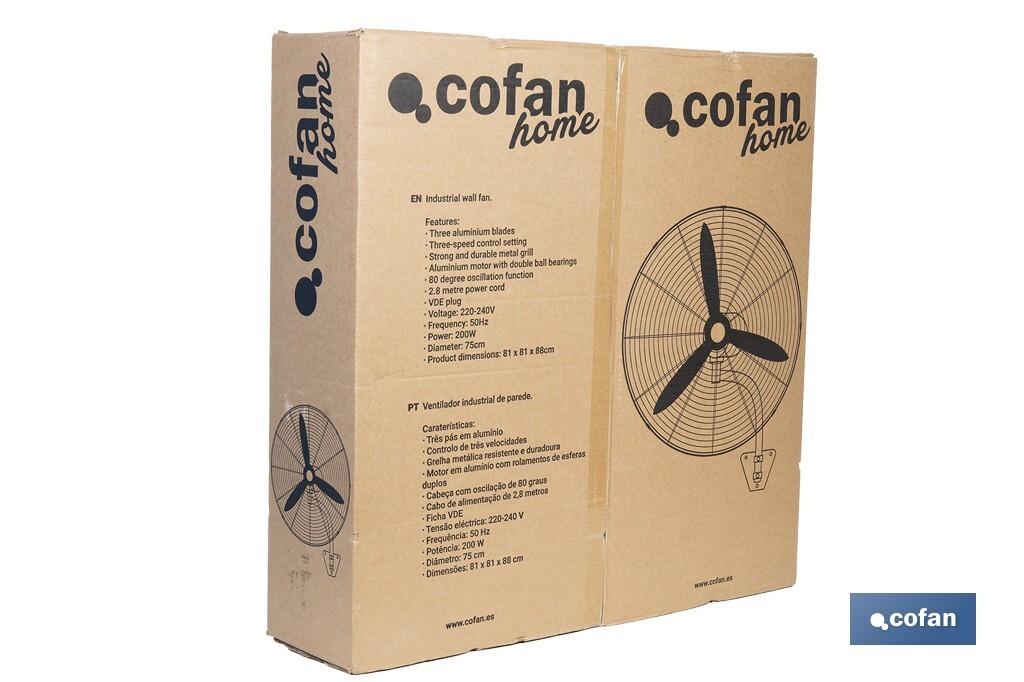 Ventilador industrial de pared con 3 velocidades | Potencia: 200 W | Color: negro | Oscilación 80° | Fácil instalación | Medidas: 81 x 81 x 88 cm - Cofan