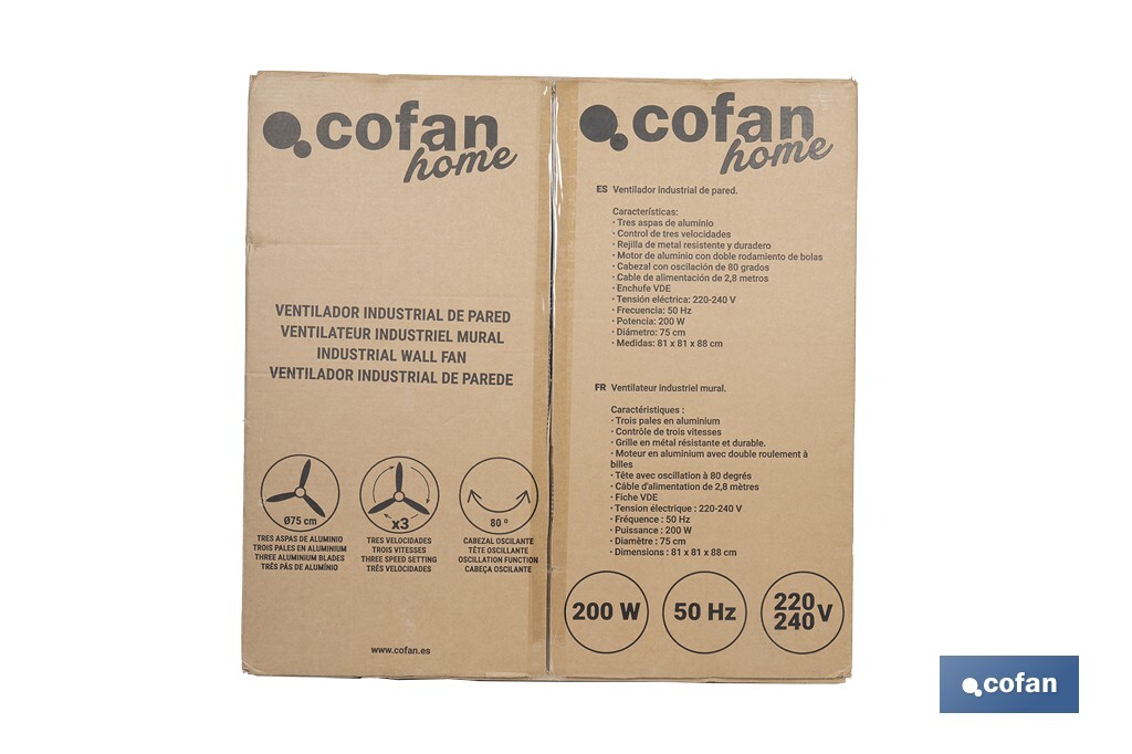 Ventilador industrial de pared con 3 velocidades | Potencia: 200 W | Color: negro | Oscilación 80° | Fácil instalación | Medidas: 81 x 81 x 88 cm - Cofan