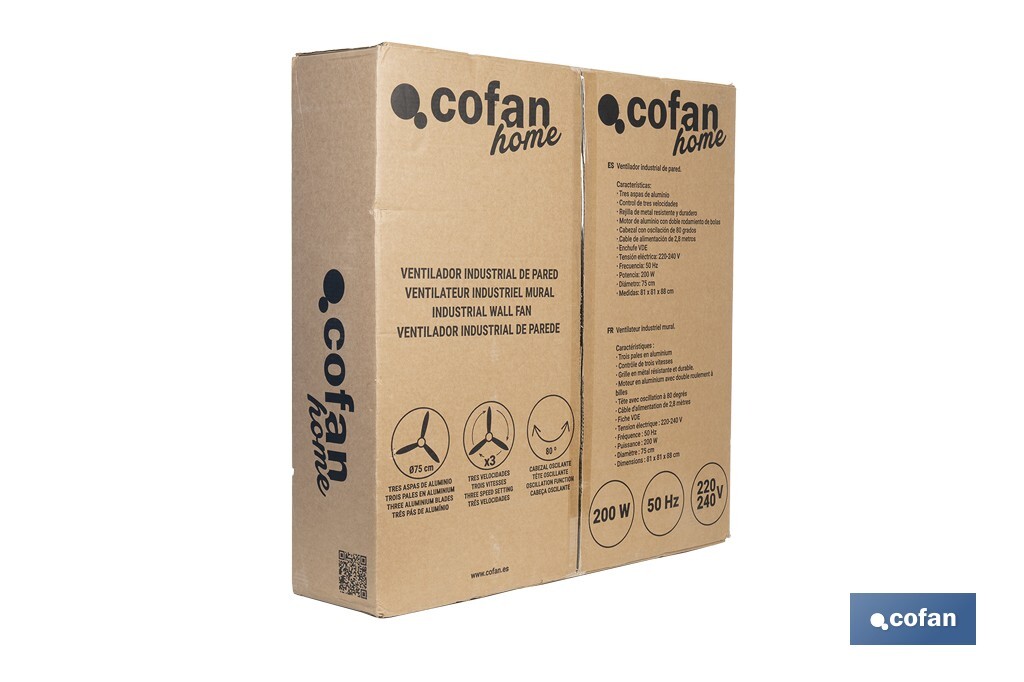 Ventilador industrial de pared con 3 velocidades | Potencia: 200 W | Color: negro | Oscilación 80° | Fácil instalación | Medidas: 81 x 81 x 88 cm - Cofan
