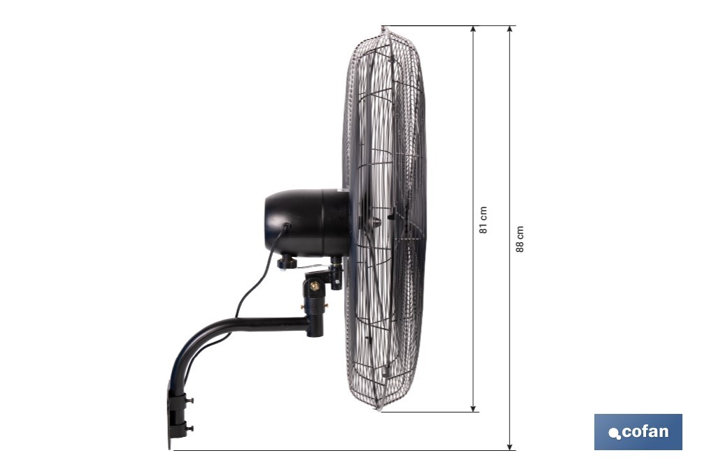 Ventilador industrial de pared con 3 velocidades | Potencia: 200 W | Color: negro | Oscilación 80° | Fácil instalación | Medidas: 81 x 81 x 88 cm - Cofan