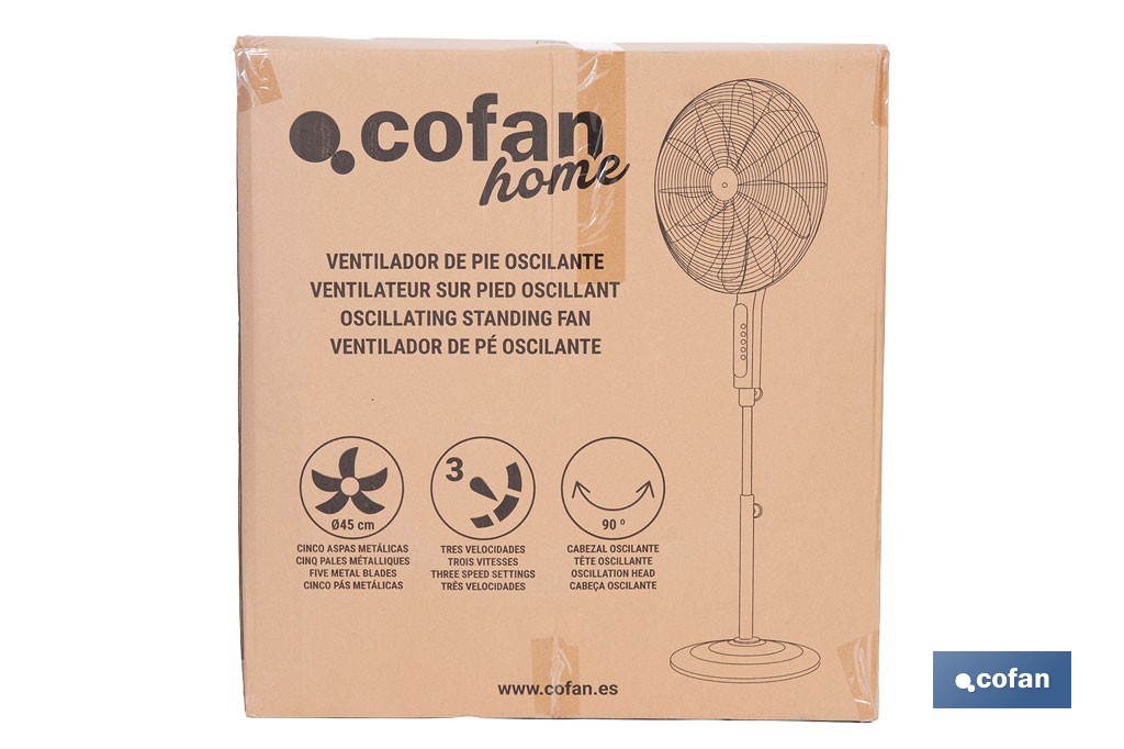 Ventilador de pie de 70 W con mando a distancia y 5 aspas | 3 velocidades, función oscilación, temporizador, 3 modos de ventilación | Disponible en diferentes colores - Cofan