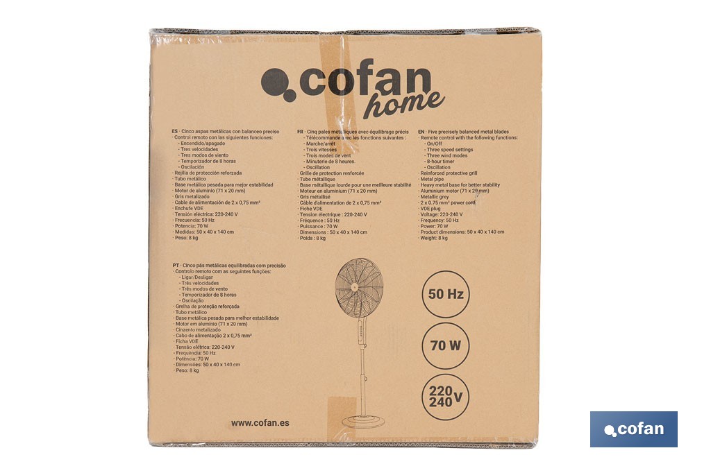 Ventilador de pie de 70 W con mando a distancia y 5 aspas | 3 velocidades, función oscilación, temporizador, 3 modos de ventilación | Disponible en diferentes colores - Cofan