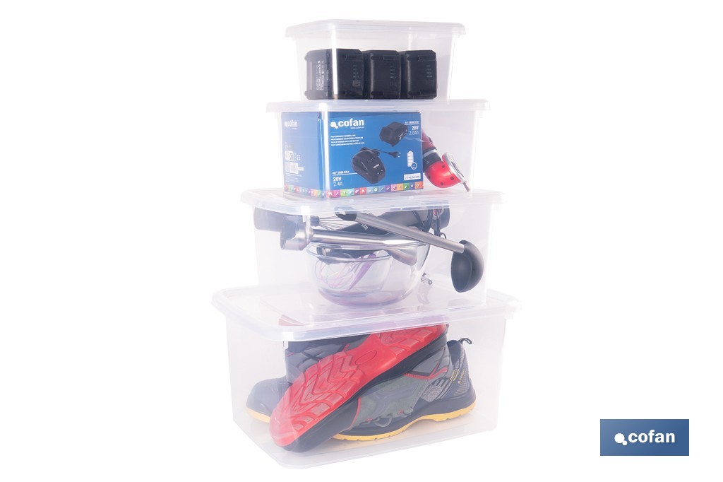 Pack de 4 cajas de almacenaje transparentes con tapa | Capacidades de 4, 8, 15 y 26 litros - Cofan