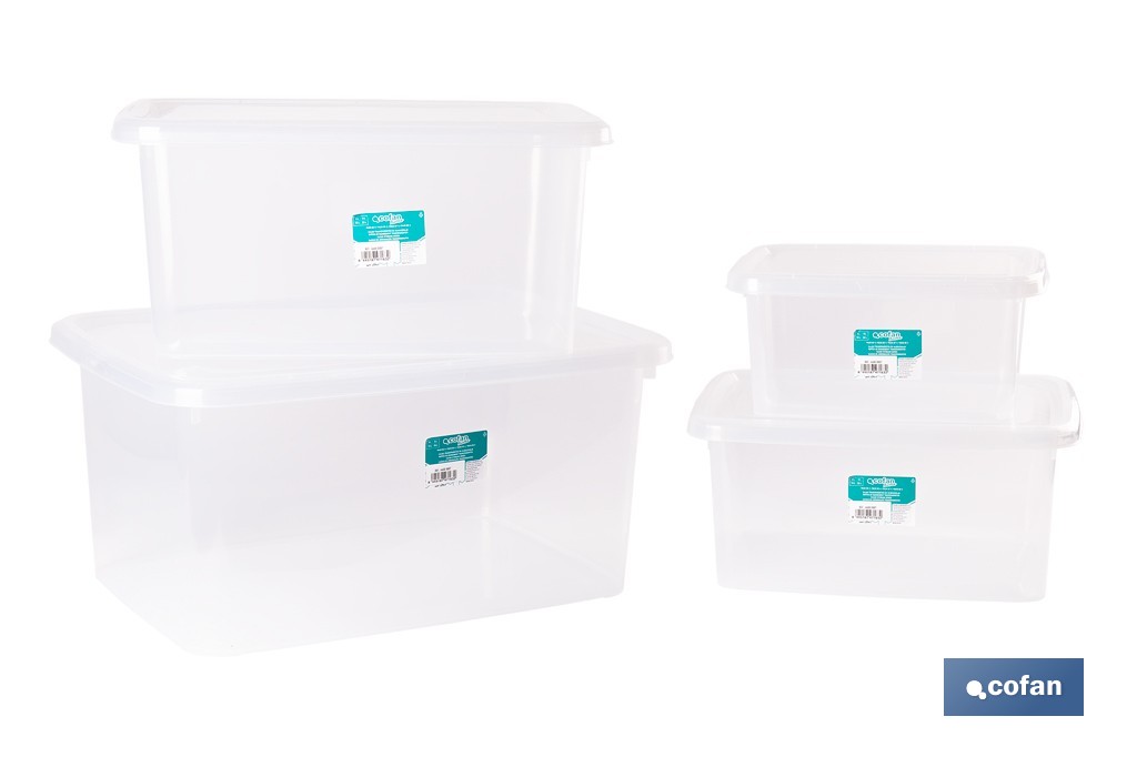 Pack de 4 cajas de almacenaje transparentes con tapa | Capacidades de 4, 8, 15 y 26 litros - Cofan