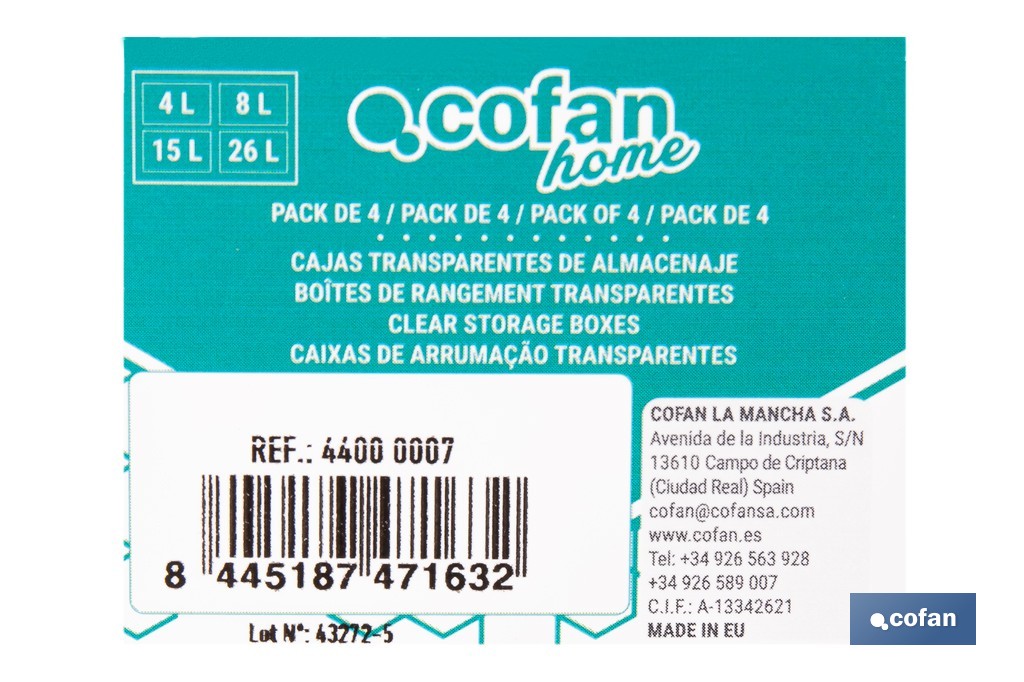 Pack de 4 cajas de almacenaje transparentes con tapa | Capacidades de 4, 8, 15 y 26 litros - Cofan
