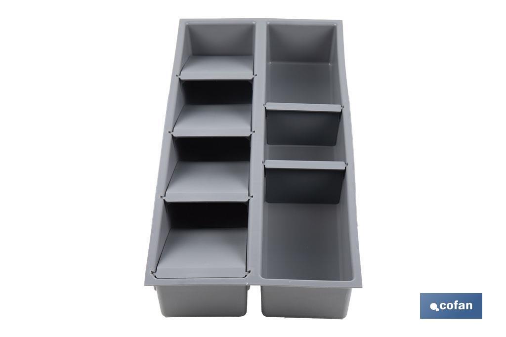 Organizador de cubiertos con separadores para cajón | Cubertero con 7 compartimentos y separadores modulares | Color: gris | Material: polipropileno - Cofan