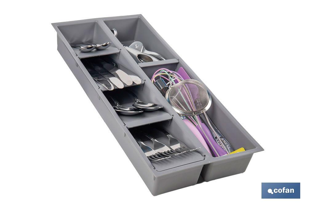 Organizador de cubiertos con separadores para cajón | Cubertero con 7 compartimentos y separadores modulares | Color: gris | Material: polipropileno - Cofan